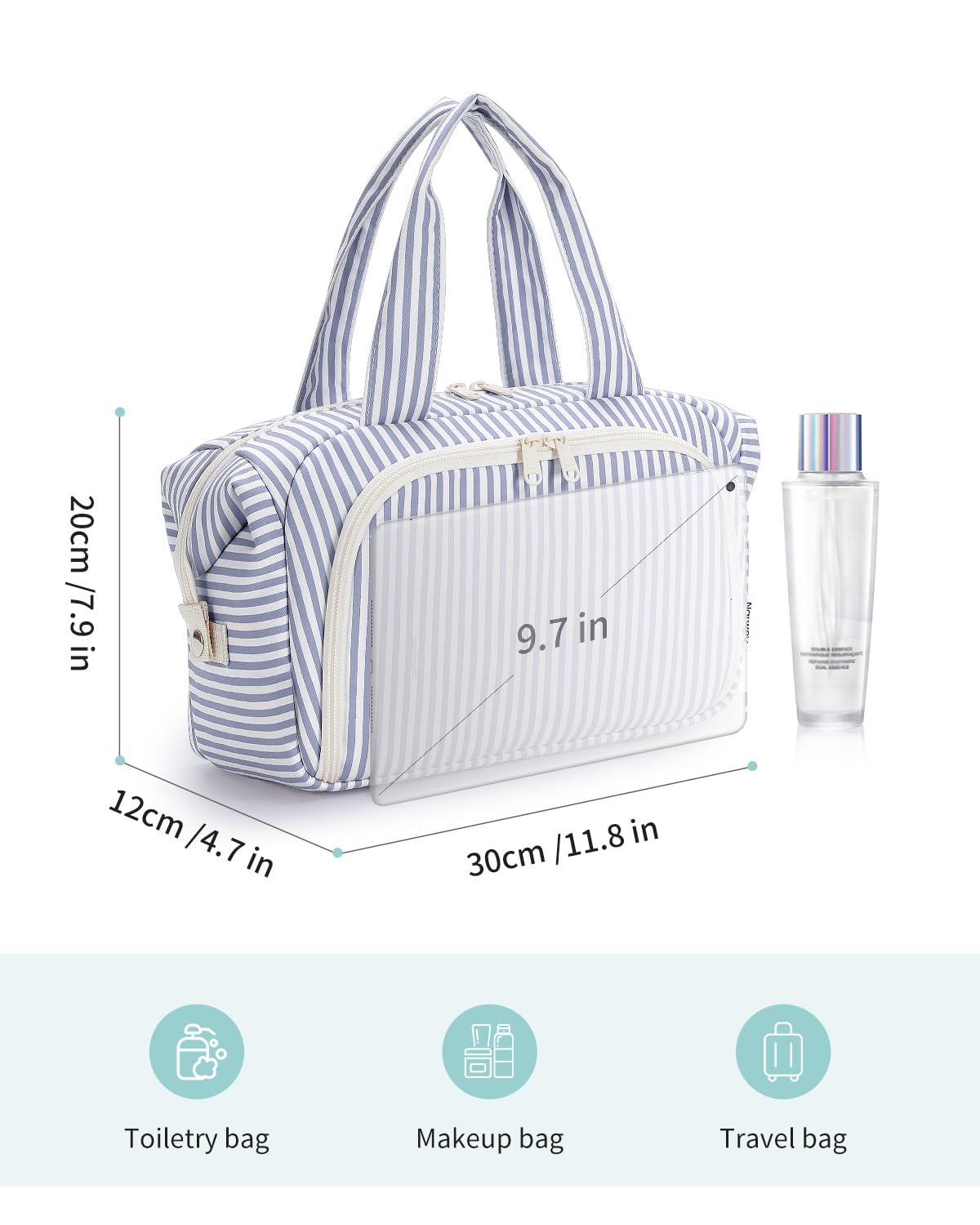Narwey greyish-blue stripe durable handle and two-way zippers for easy travel access.