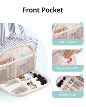 Narwey greyish-blue stripe front pocket with brush sleeves keeps makeup brushes neatly upright.