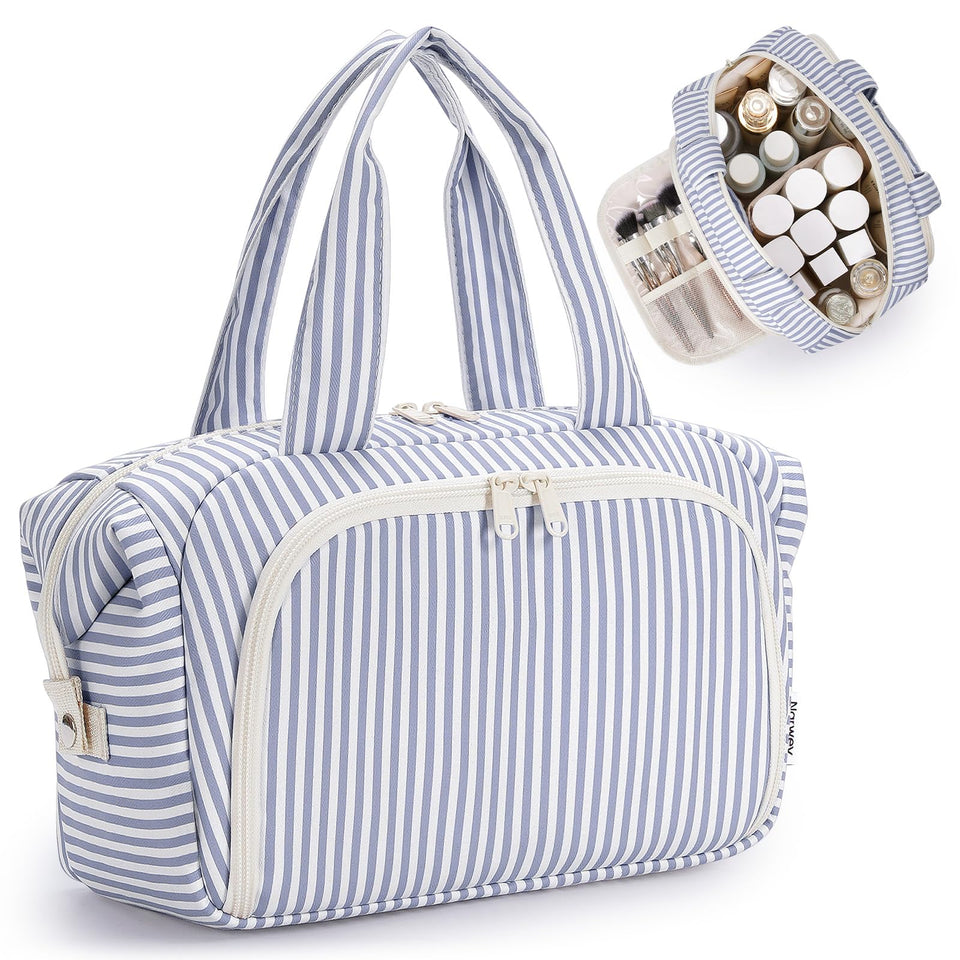Narwey greyish-blue stripe travel toiletry bag with open main compartment for easy access on trips.