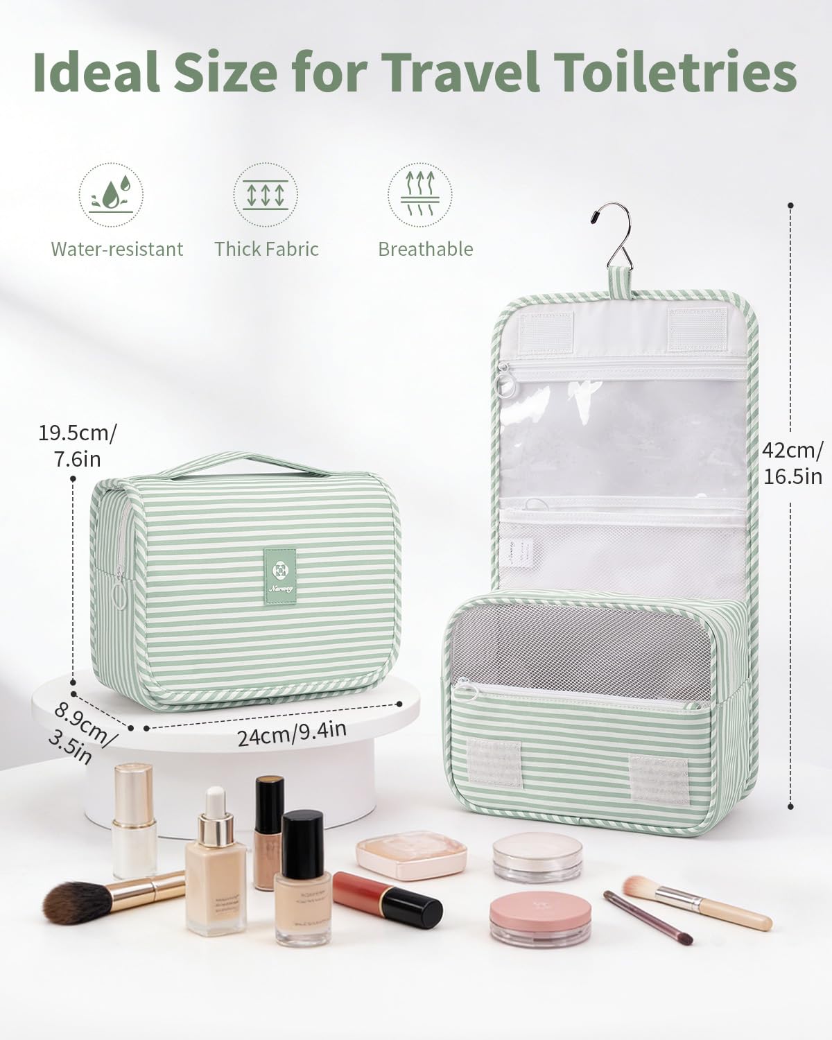 Narwey hanging bag with hook keeps cosmetics within easy reach during trips.