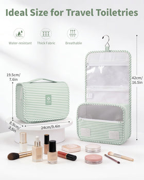 Narwey hanging bag with hook keeps cosmetics within easy reach during trips.