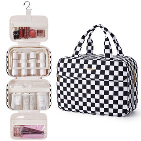 Narwey hanging toiletry bag in black checkerboard front view showing organized compartments