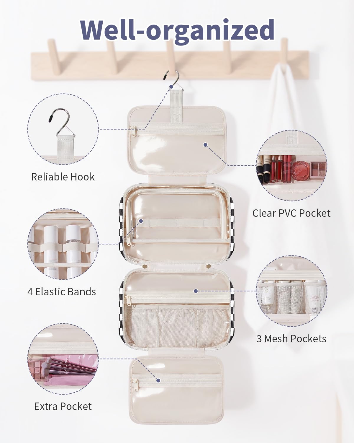 Narwey bag on hook in bathroom for travel convenience