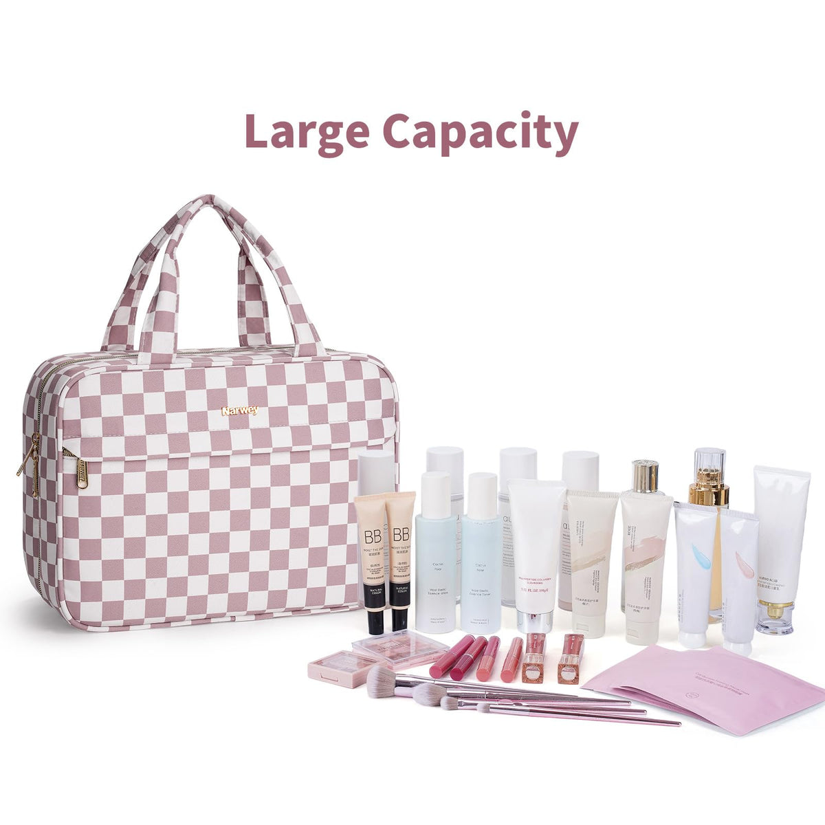 Narwey double-zipper closure on dusty pink checkered bag for smooth access