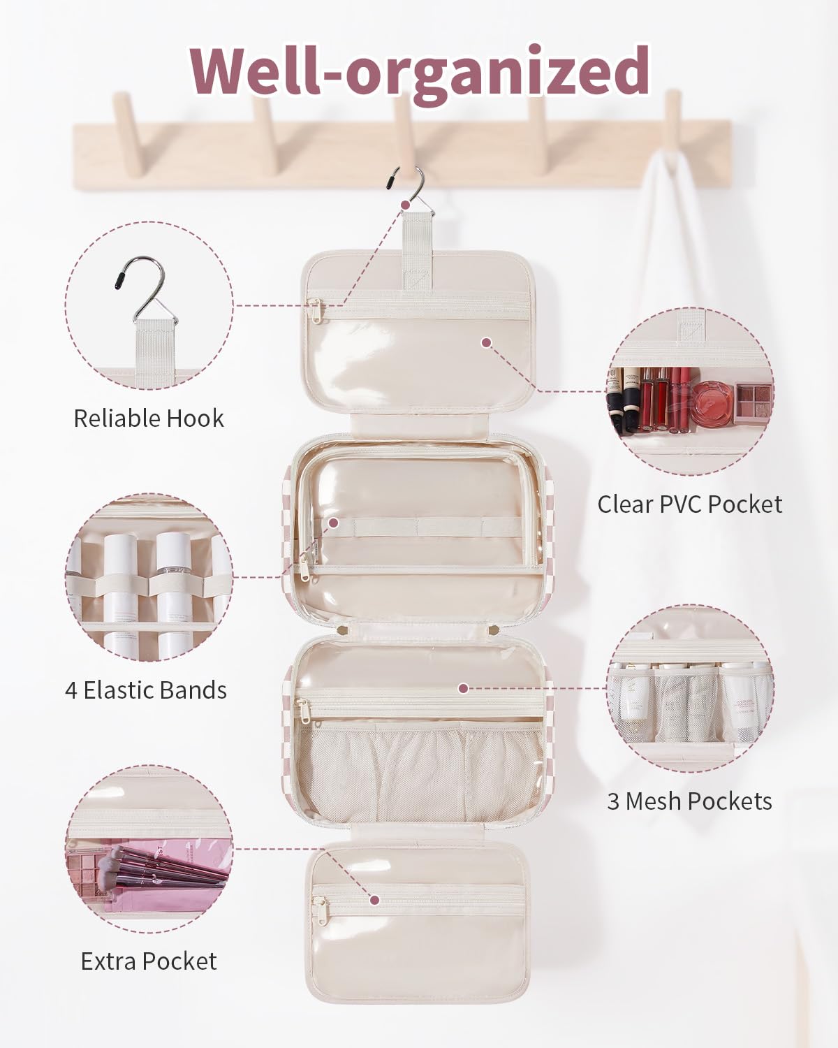 Narwey hanging hook design on dusty pink checkered bag for easy access