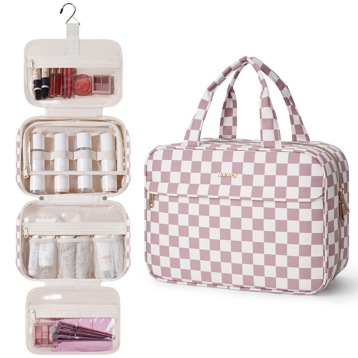 Narwey hanging toiletry bag in dusty pink checkered, open to reveal organized compartments