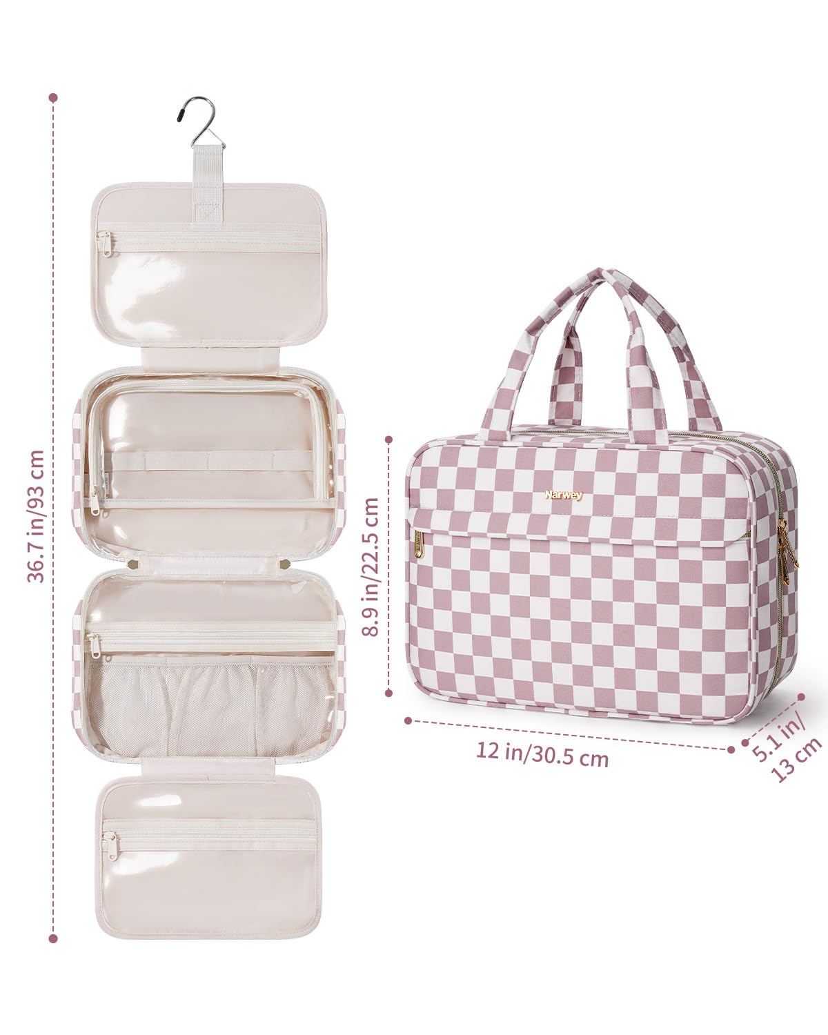 Narwey travel-ready hanging toiletry bag in hotel room setup