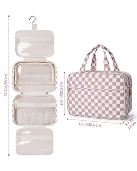 Narwey travel-ready hanging toiletry bag in hotel room setup