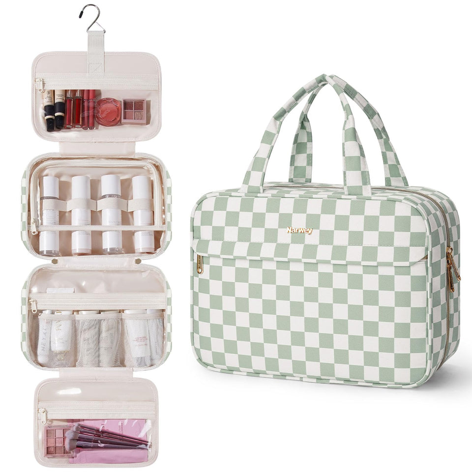 Narwey hanging toiletry bag with main compartments keeps cosmetics organized on trips