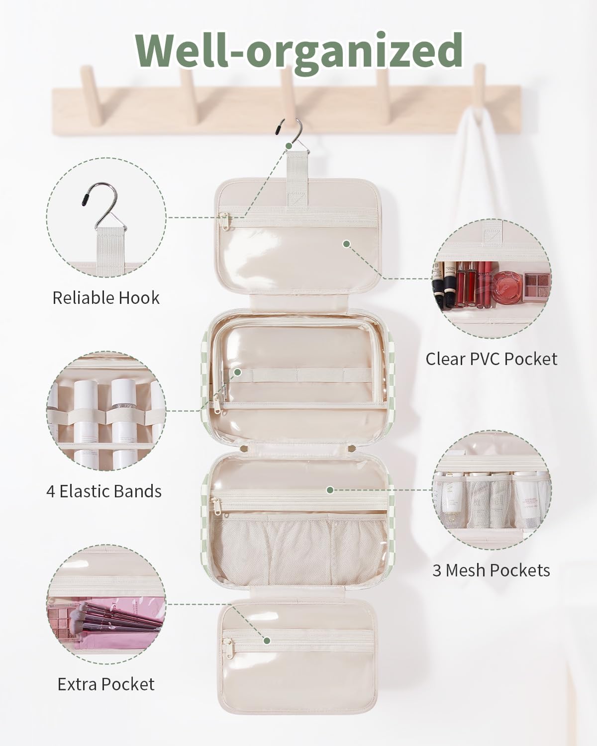 Narwey hanging toiletry bag U-shaped opening enables easy reach of items mid-hang