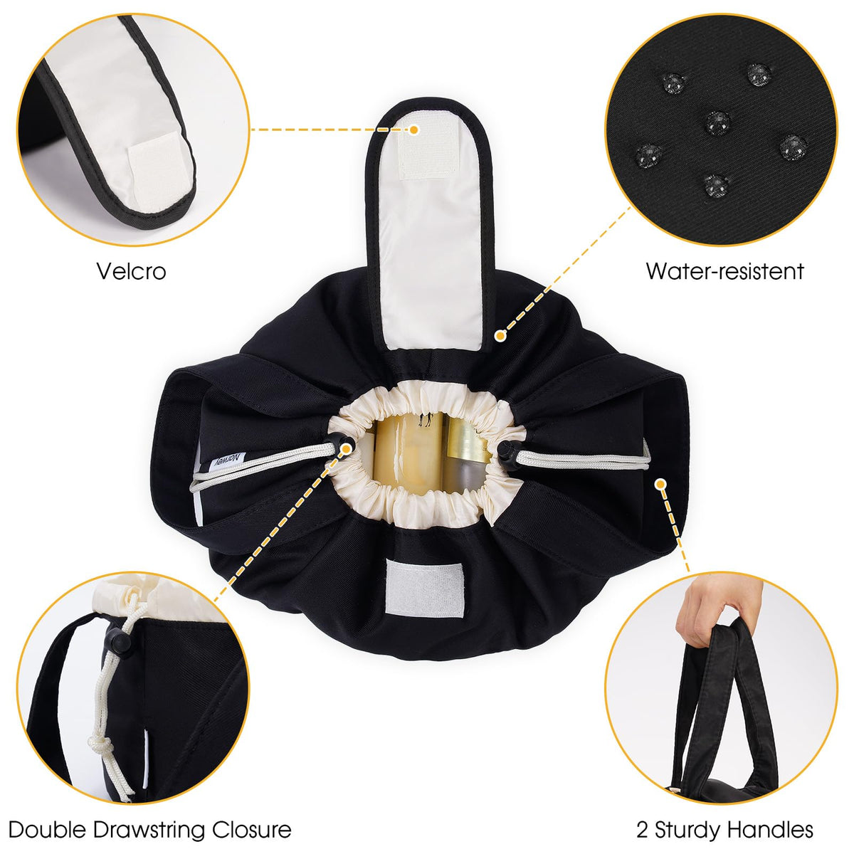Narwey interior with zip and mesh pockets for organized storage of makeup items.