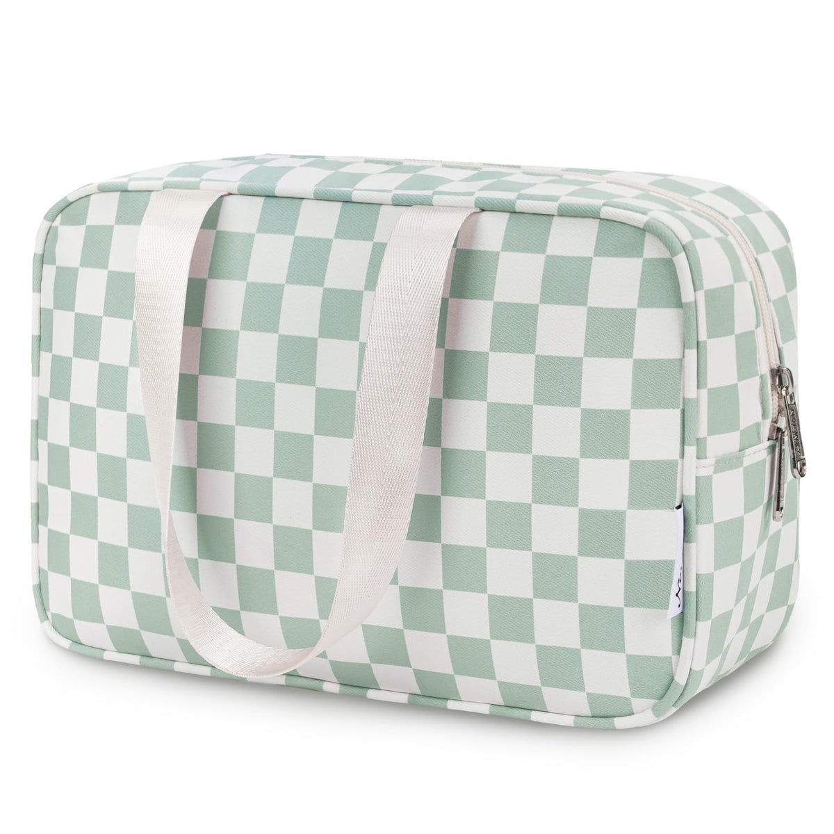 Narwey large capacity travel toiletry bag in green checker keeps toiletries organized.