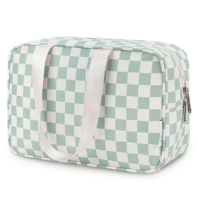 Narwey large capacity travel toiletry bag in green checker keeps toiletries organized.