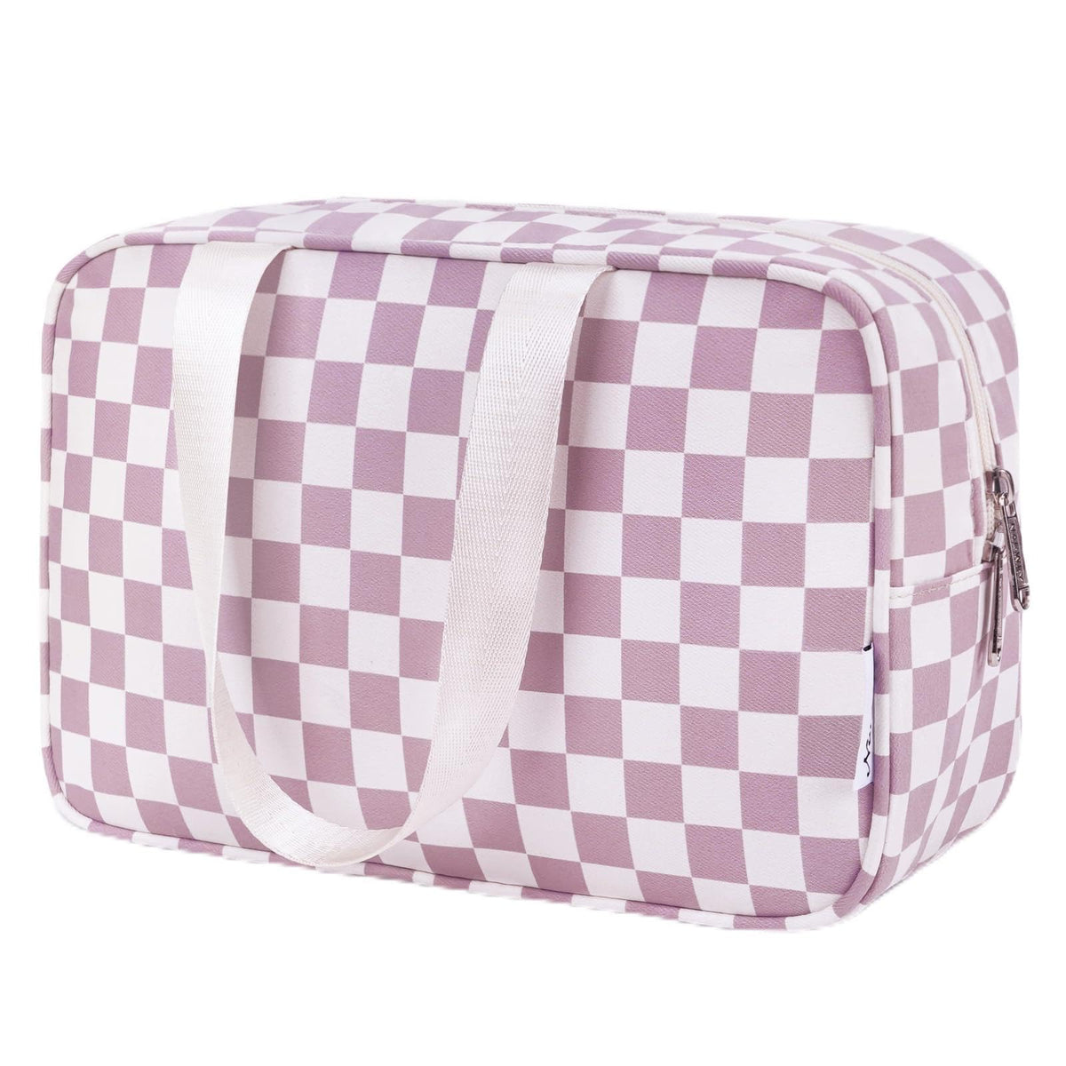 Narwey large checkered travel toiletry bag in dusty rose; organized storage for toiletries on trips.