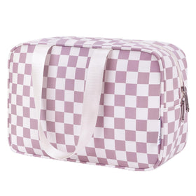 Narwey large checkered travel toiletry bag in dusty rose; organized storage for toiletries on trips.