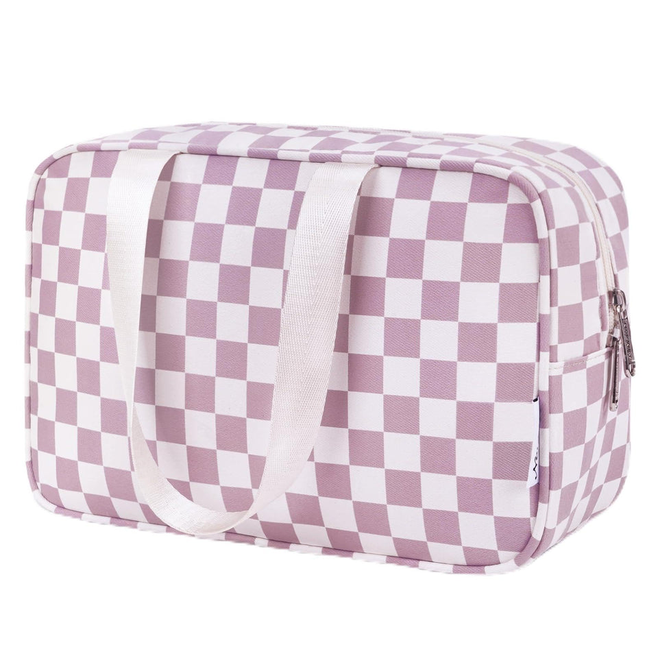 Narwey large checkered travel toiletry bag in dusty rose; organized storage for toiletries on trips.