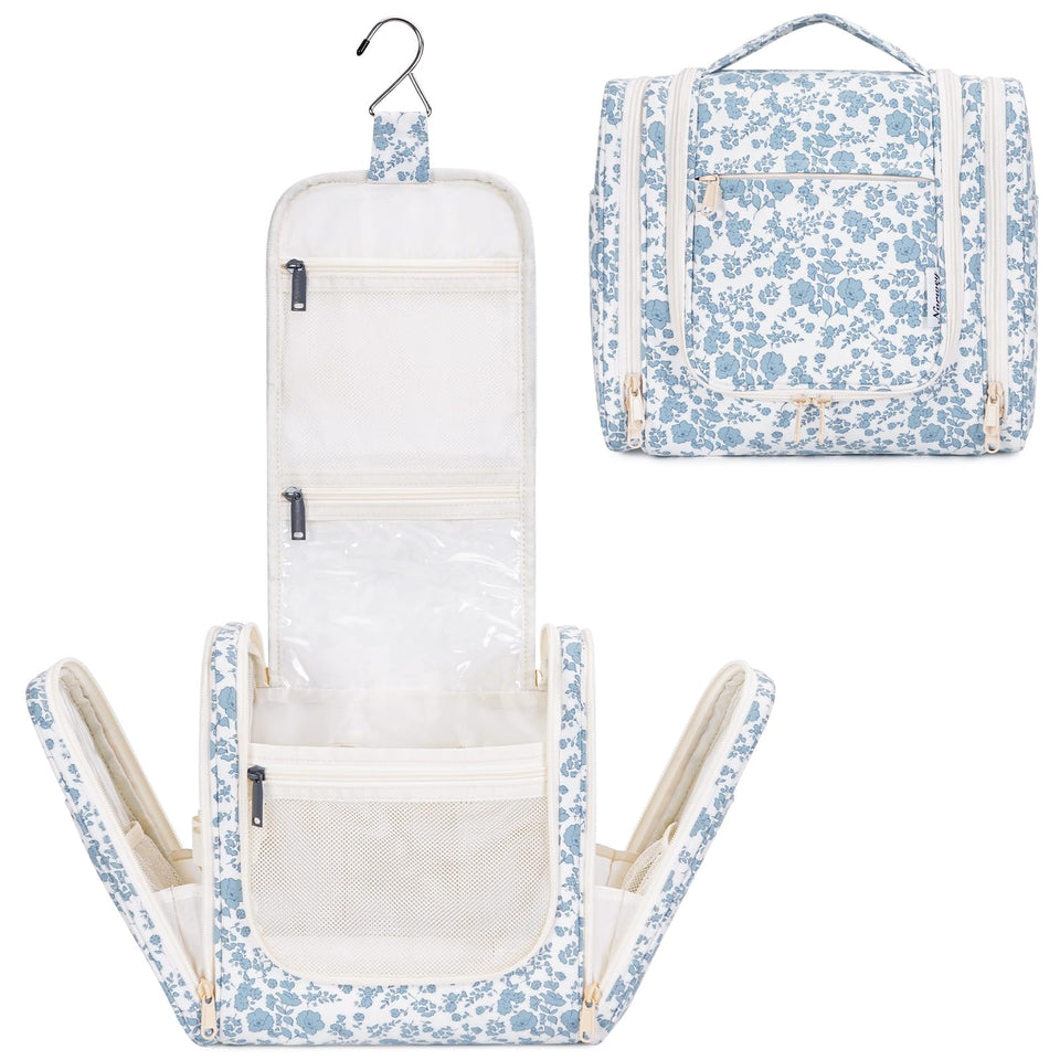 Narwey large hanging toiletry bag with blue flowers, neatly organized main compartment for travel.