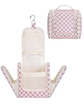 Narwey large hanging toiletry bag in dusty pink checkerboard for easy travel organization.