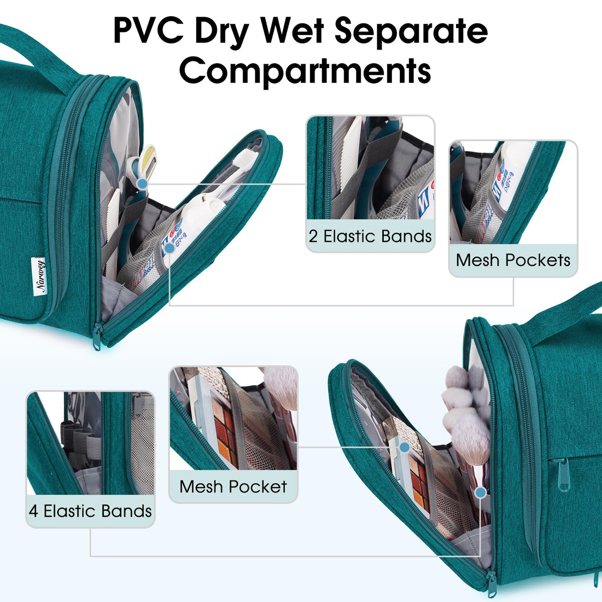 Narwey large hanging toiletry bag left-side pocket for makeup tools, organized and ready.