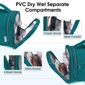 Narwey large hanging toiletry bag left-side pocket for makeup tools, organized and ready.