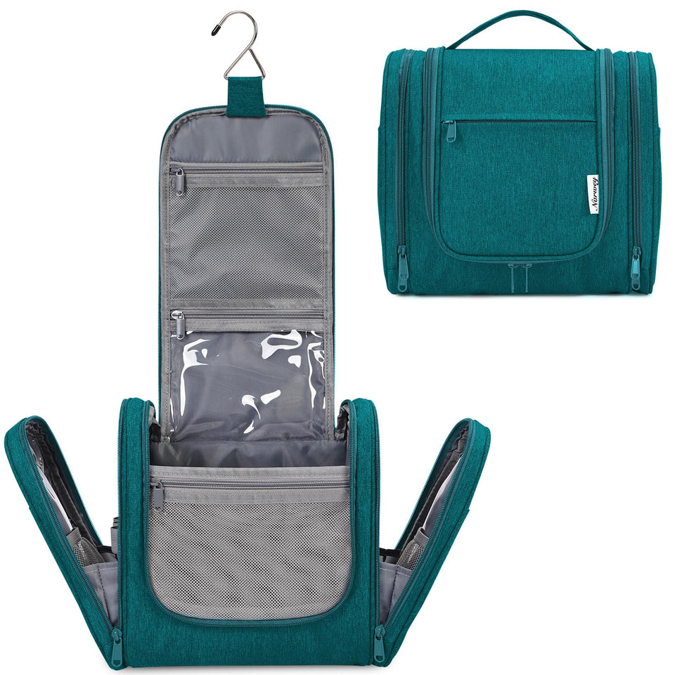 Narwey large hanging toiletry bag with a spacious main compartment for travel-size essentials.
