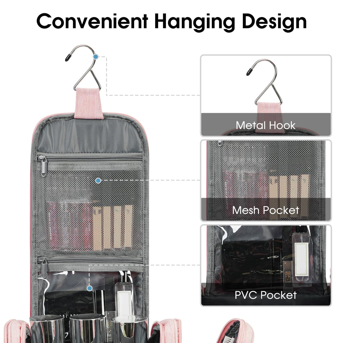 Narwey large hanging toiletry bag pink durable, water-resistant fabric protects gear