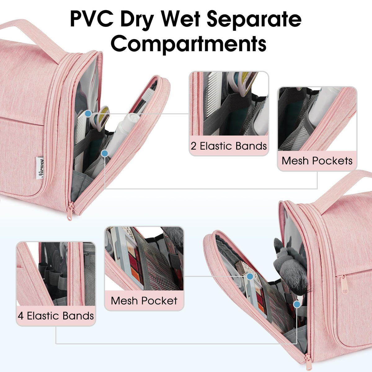 Narwey large hanging toiletry bag pink interior with mesh pockets for makeup tools