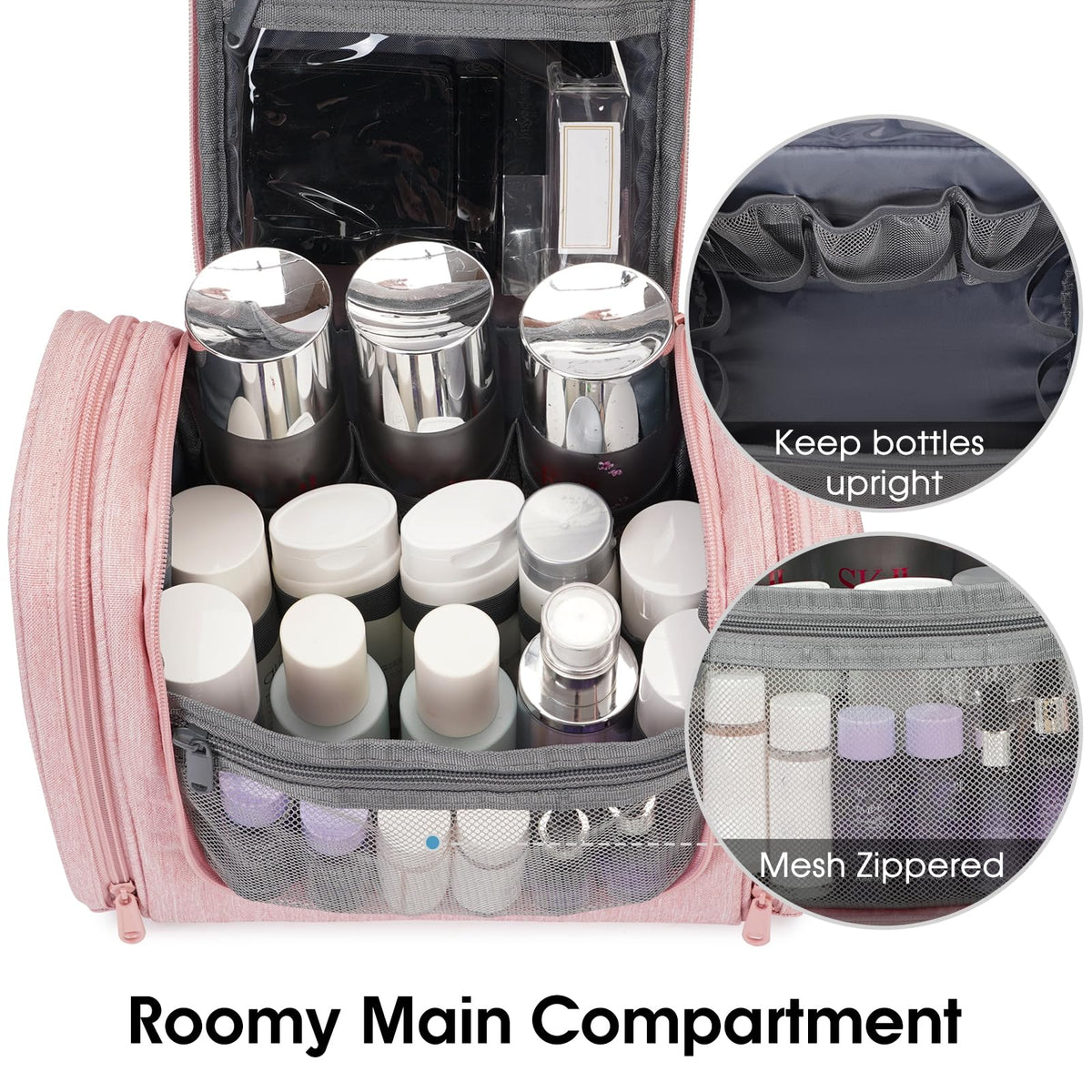 Narwey large hanging toiletry bag pink built-in metal hook for easy hanging