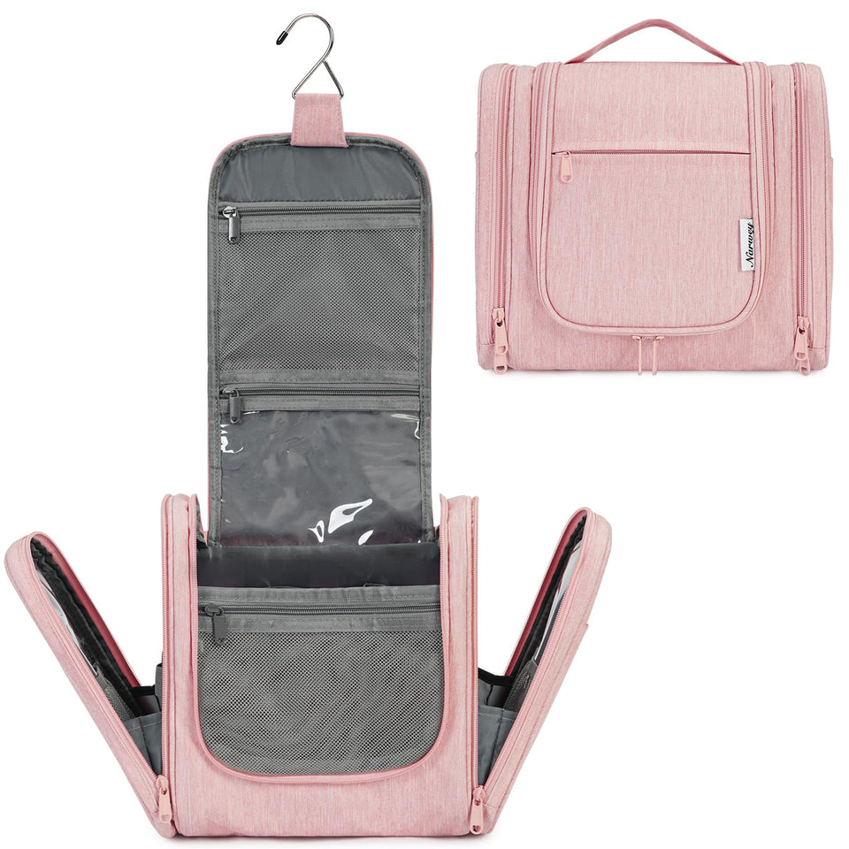 Narwey large hanging toiletry bag pink open showing organized compartments for travel supplies
