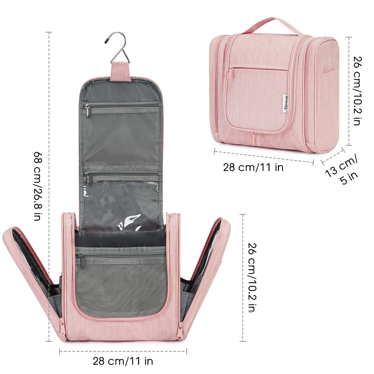 Narwey large hanging toiletry bag pink travel-compact design saves suitcase space