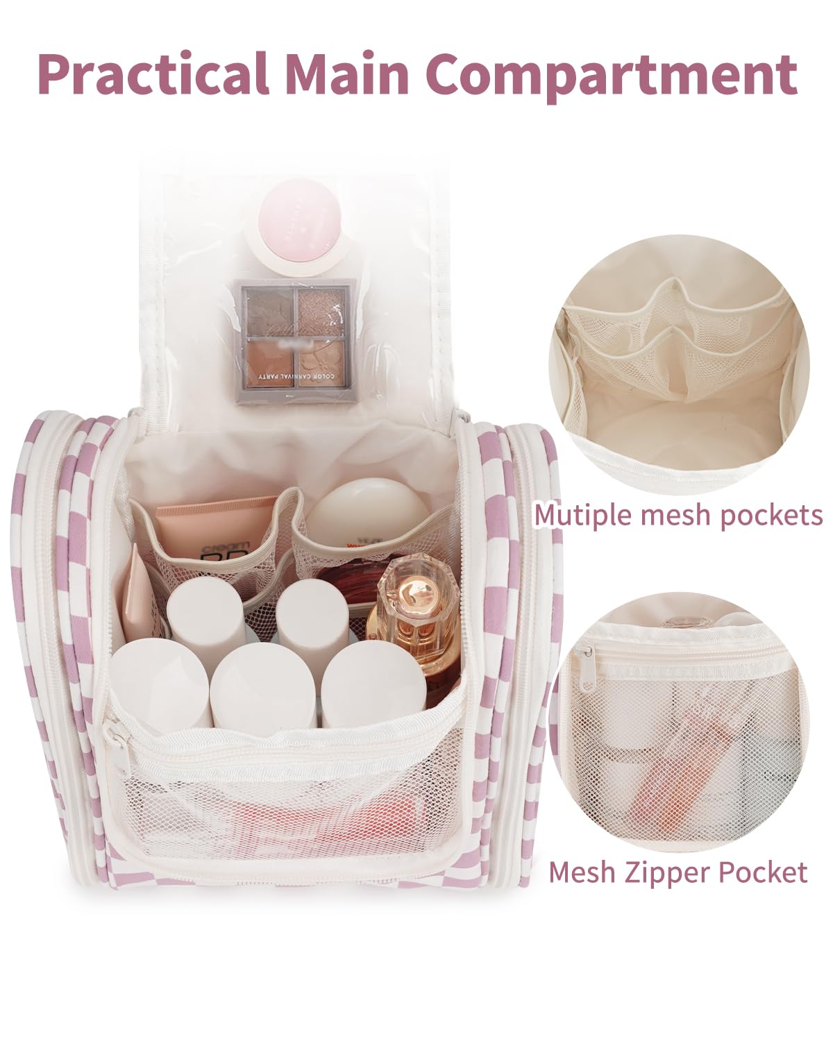 Narwey large main compartment fits travel-size bottles and daily essentials.