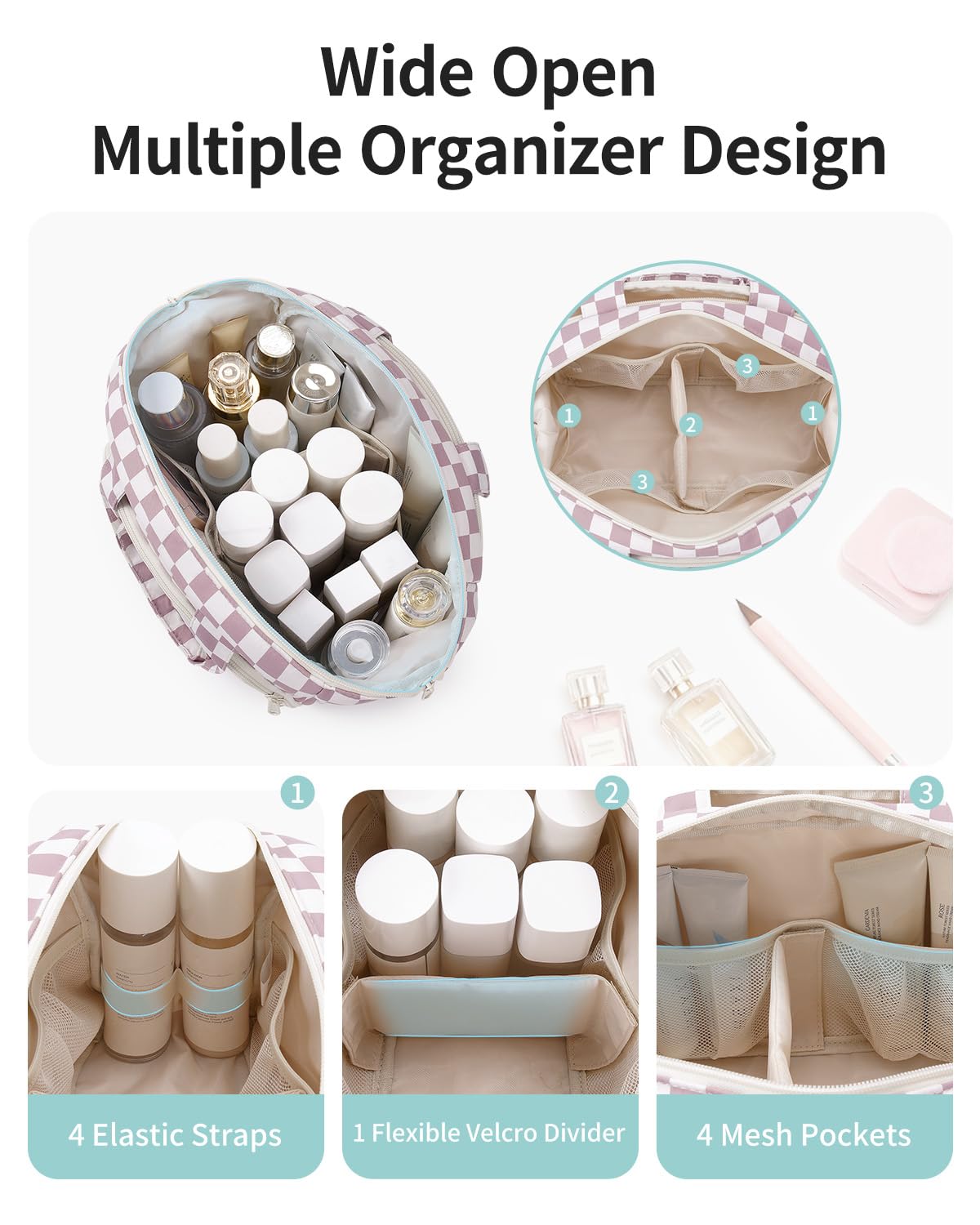 Narwey large makeup bag with wide-open main compartment for quick access