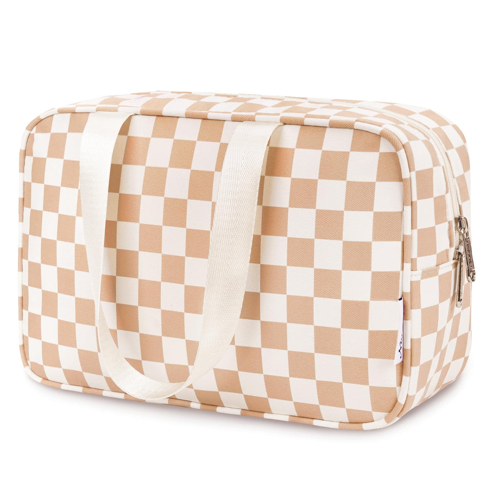 Narwey large travel toiletry bag with checkered front for organized packing on trips.