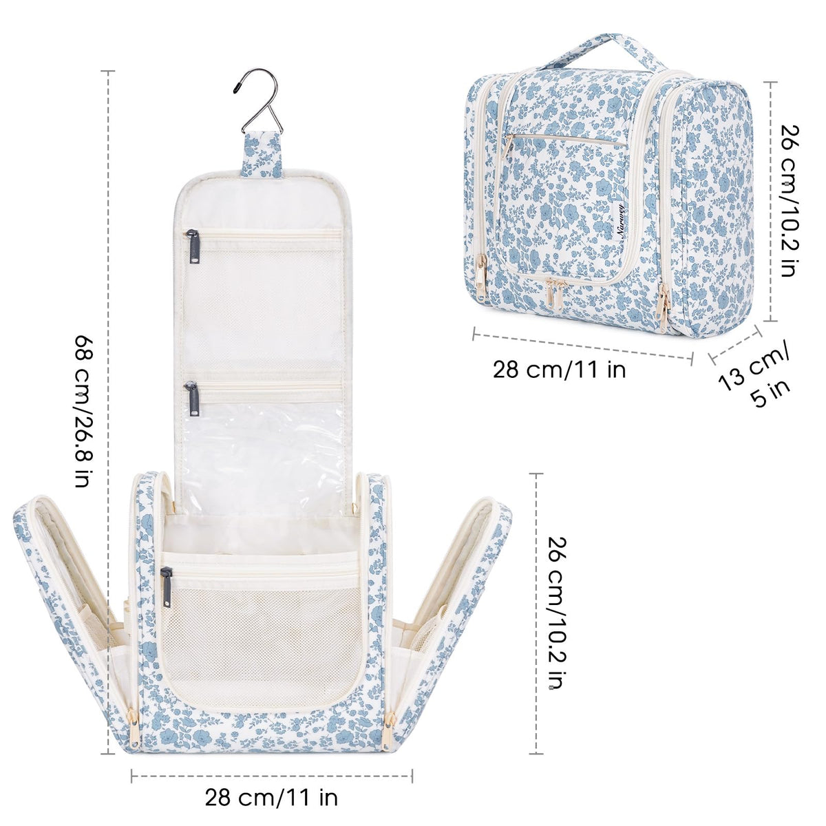 Narwey mesh pockets and elastic bands organize cosmetics efficiently.