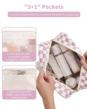 Narwey pink checkered makeup bag with compact design for easy packing.