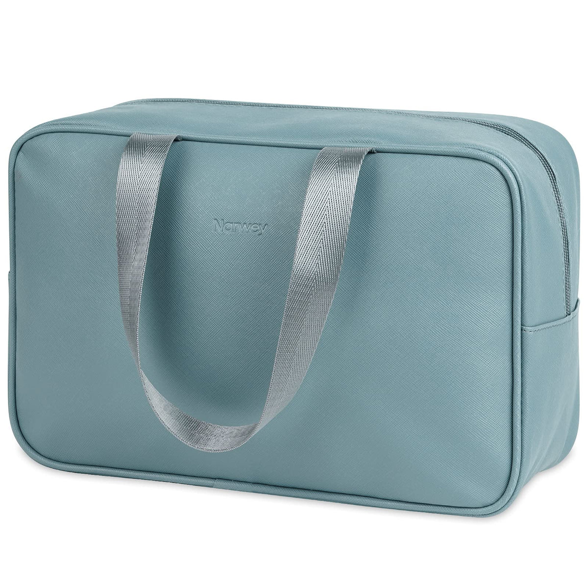 Narwey PU Leather Large Travel Toiletry Bag in greyish blue showing spacious interior and organization.