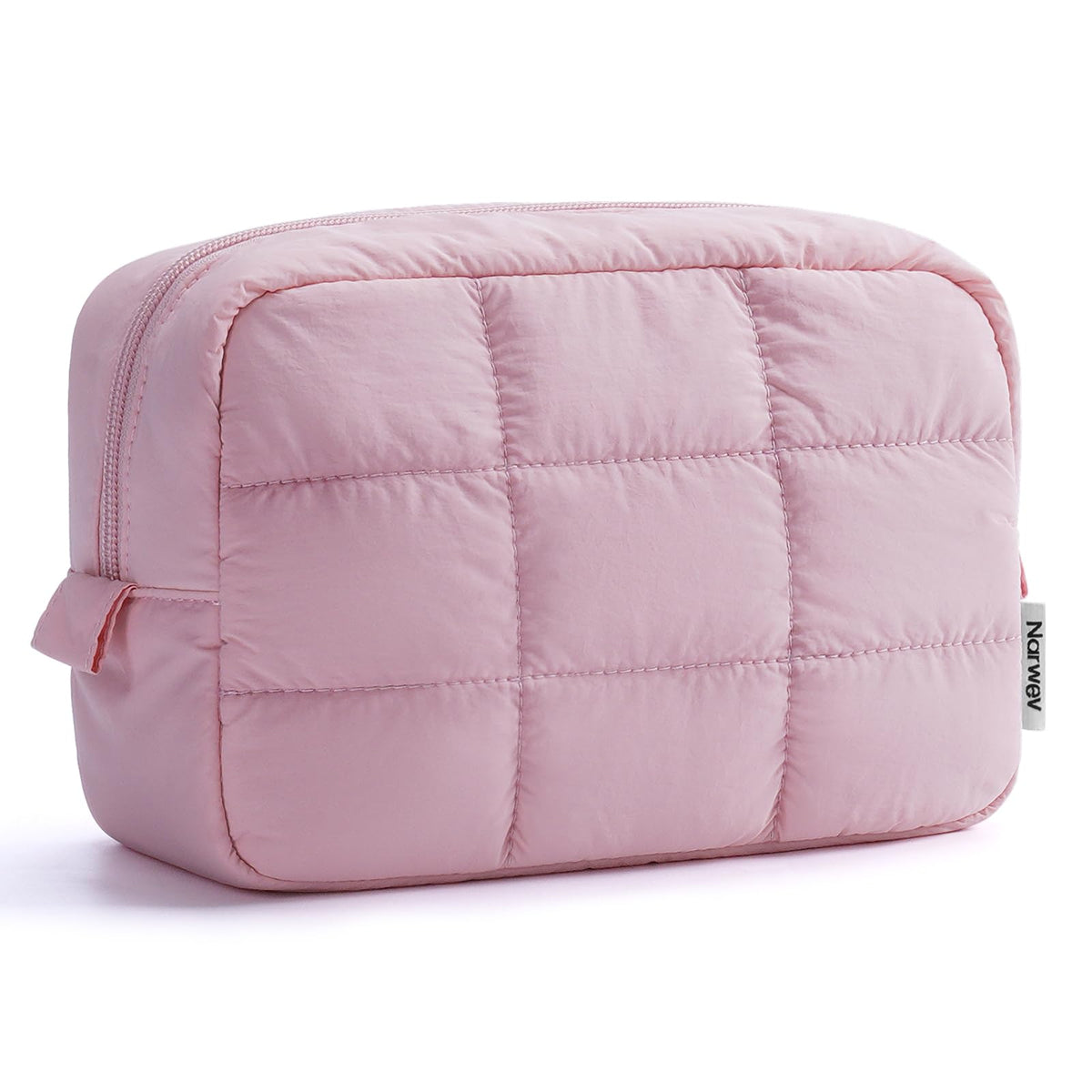 Narwey Puffer Makeup Bag in pink, compact travel organizer for cosmetics and accessories.