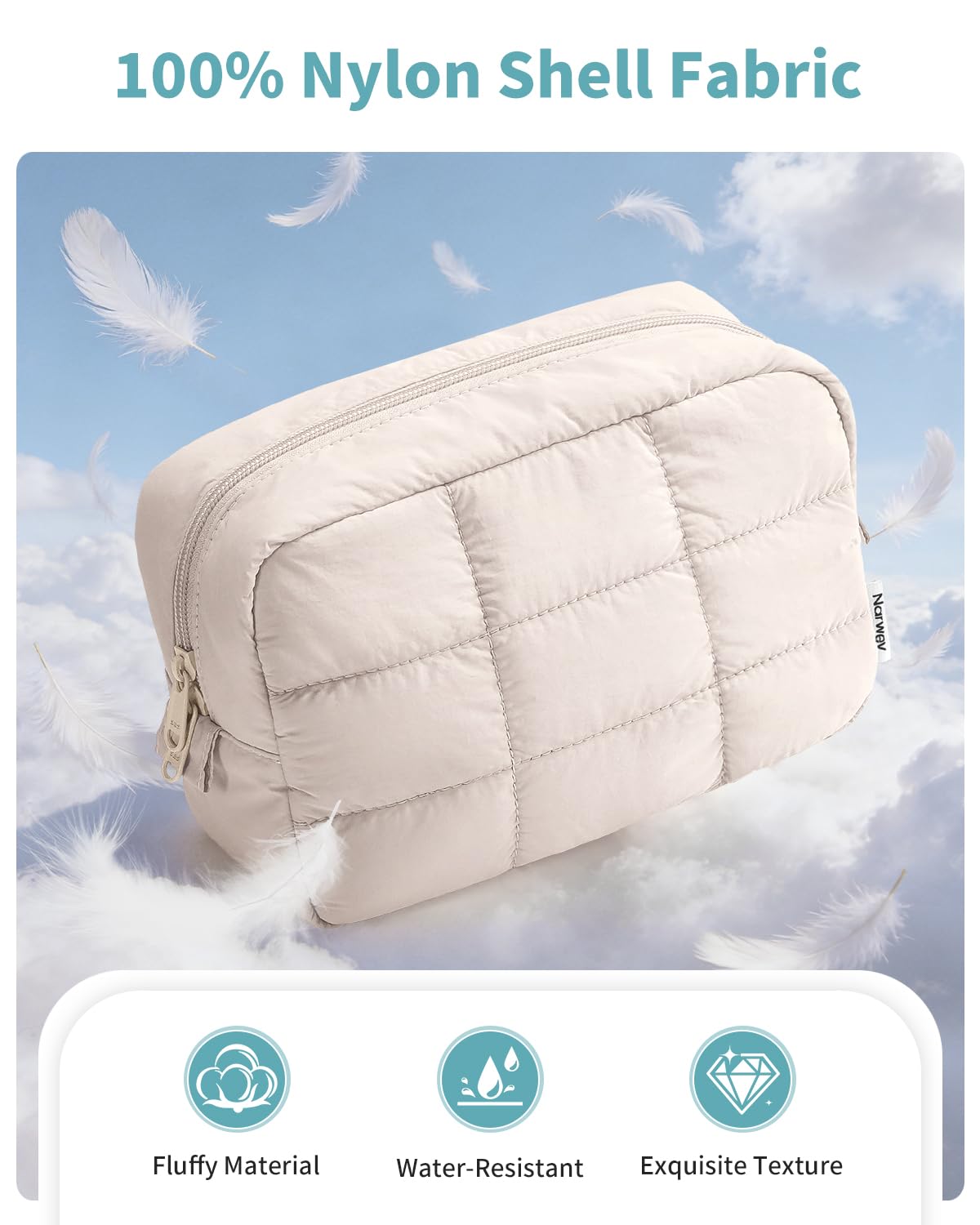 Narwey Puffer beige open compartment shows organized space for brushes and toiletries