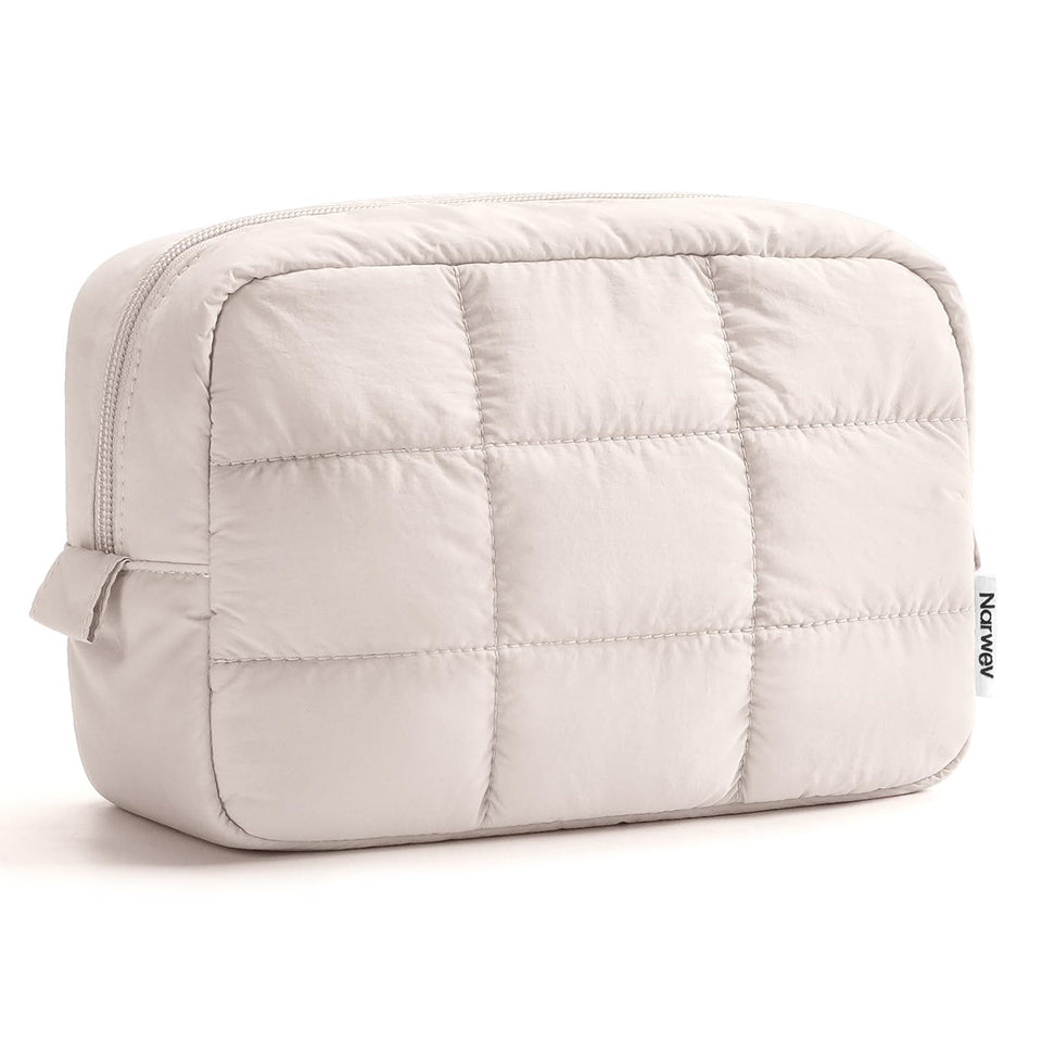 Narwey Puffer Travel Makeup Bag beige side view, compact travel-ready design