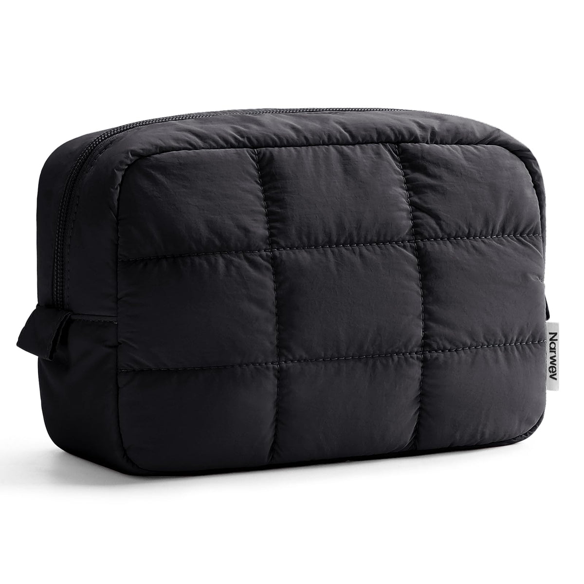 Narwey quilted makeup bag in black, front view, ideal travel companion for cosmetics.