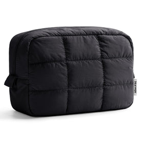 Narwey quilted makeup bag in black, front view, ideal travel companion for cosmetics.