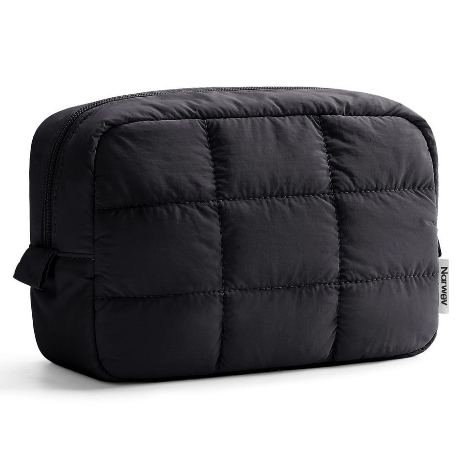 Narwey quilted makeup bag in black, front view, ideal travel companion for cosmetics.