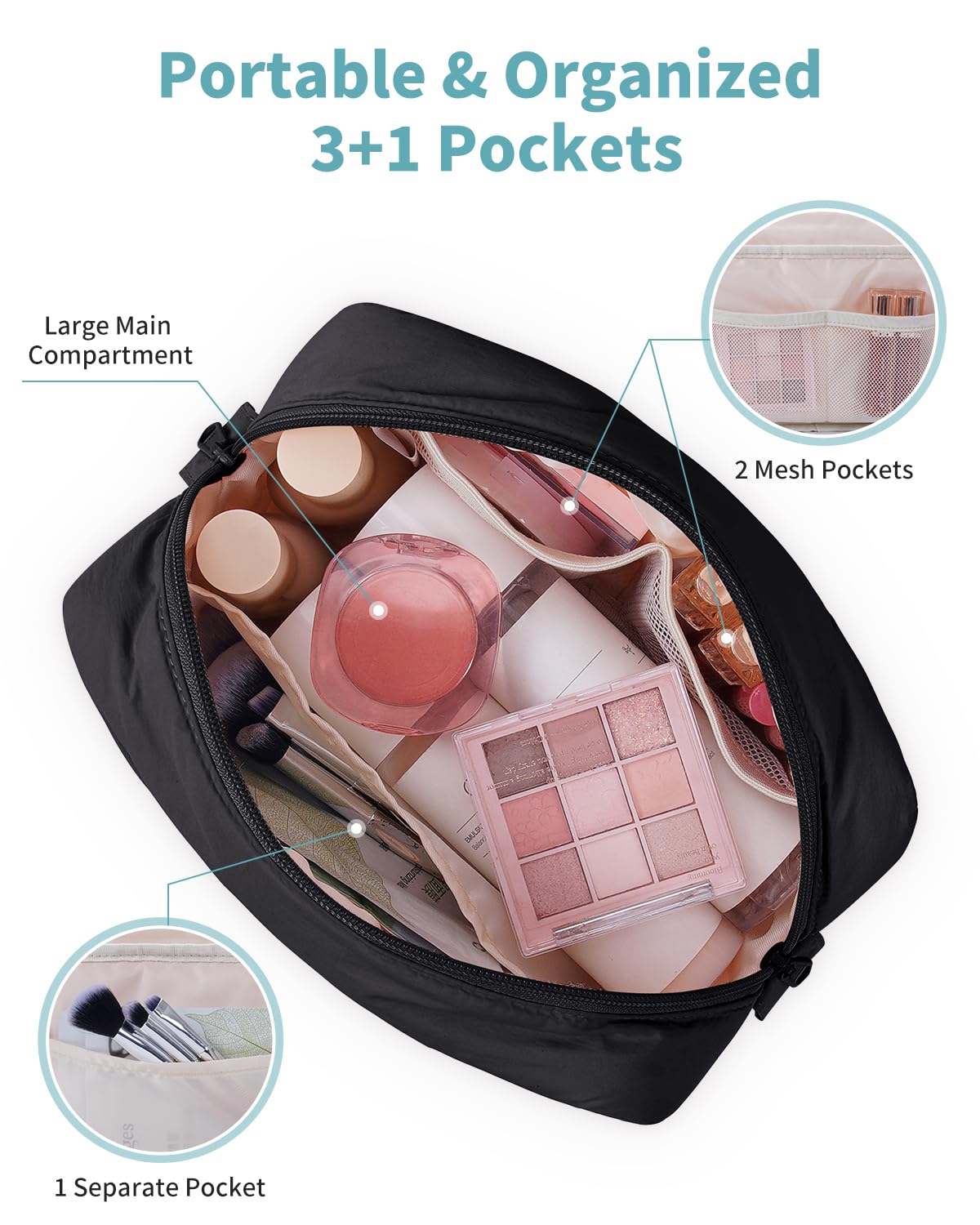Narwey quilted makeup bag interior with pockets, neatly organizing brushes and skincare.