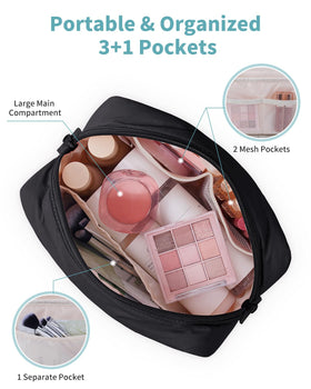 Narwey quilted makeup bag interior with pockets, neatly organizing brushes and skincare.