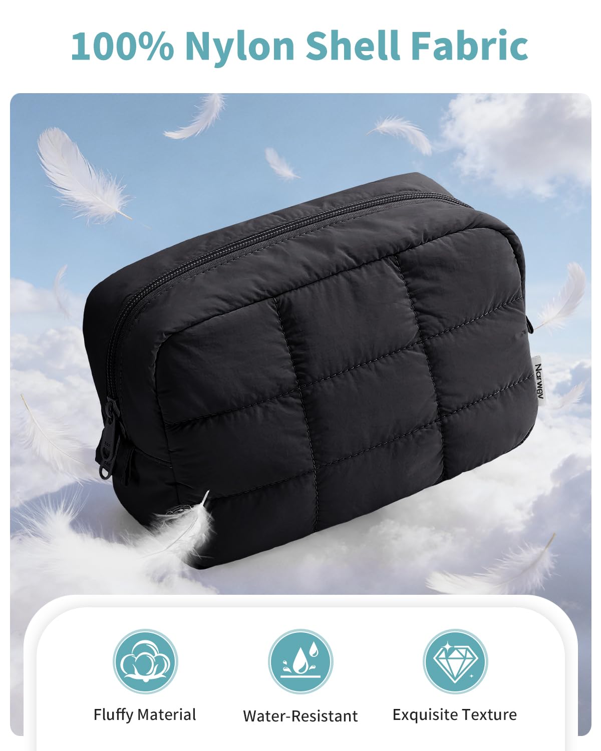 Narwey makeup bag zipper close-up highlighting durable construction for daily use and travel.