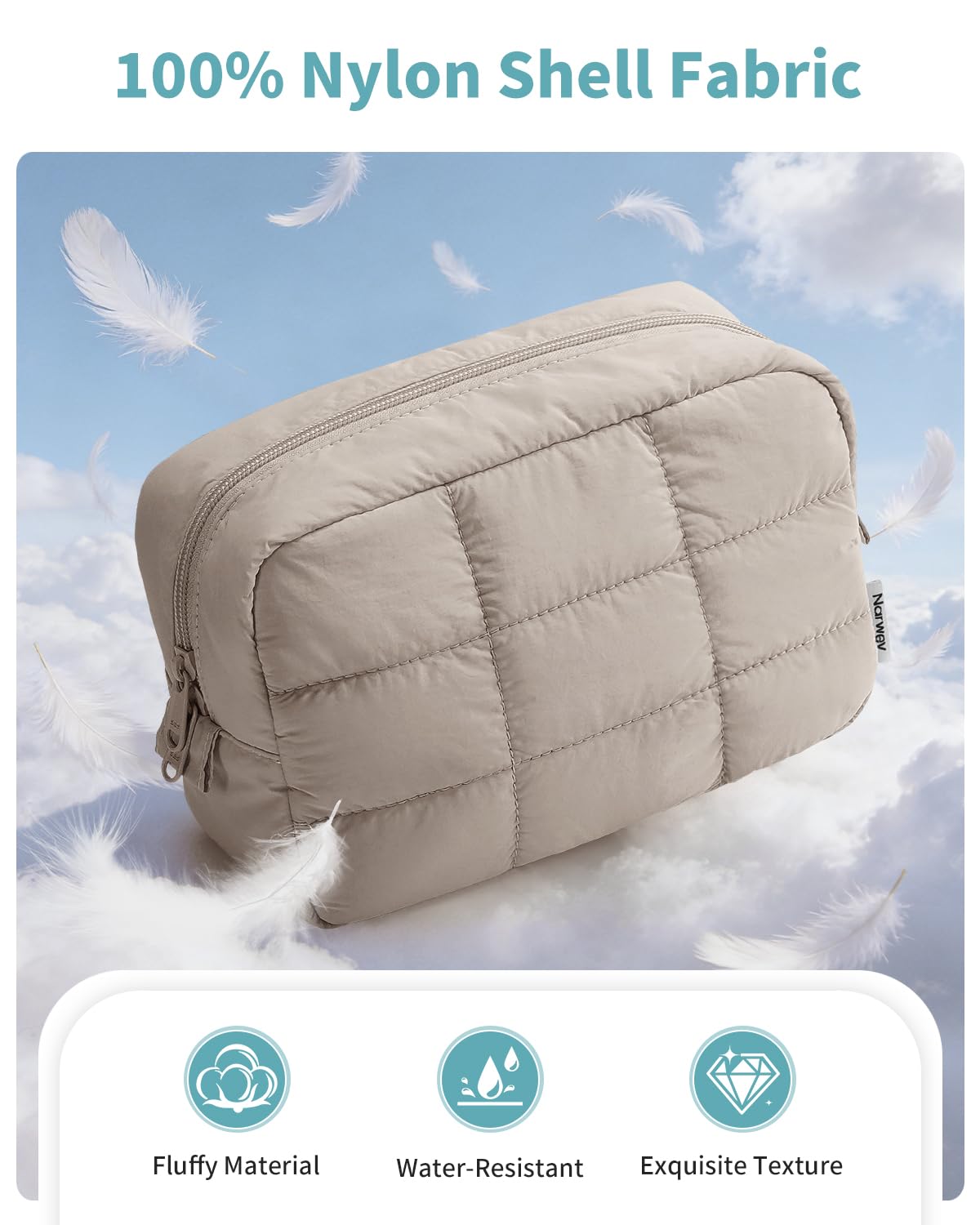 Narwey quilted makeup bag side pocket demonstrates organized storage for essentials.