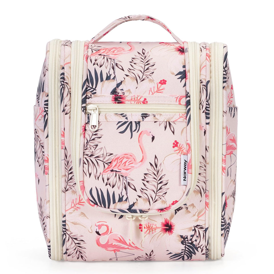 Narwey small hanging toiletry bag Beige Bird main compartment keeps travel-size toiletries organized