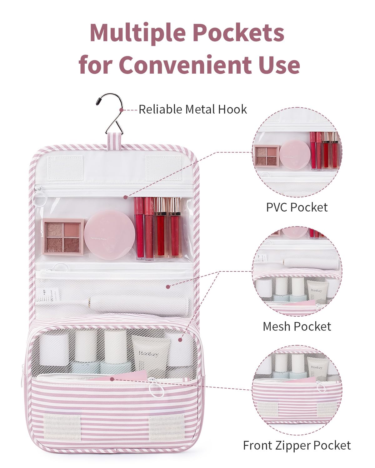 Narwey dusty pink stripe open compartment showing spacious interior.