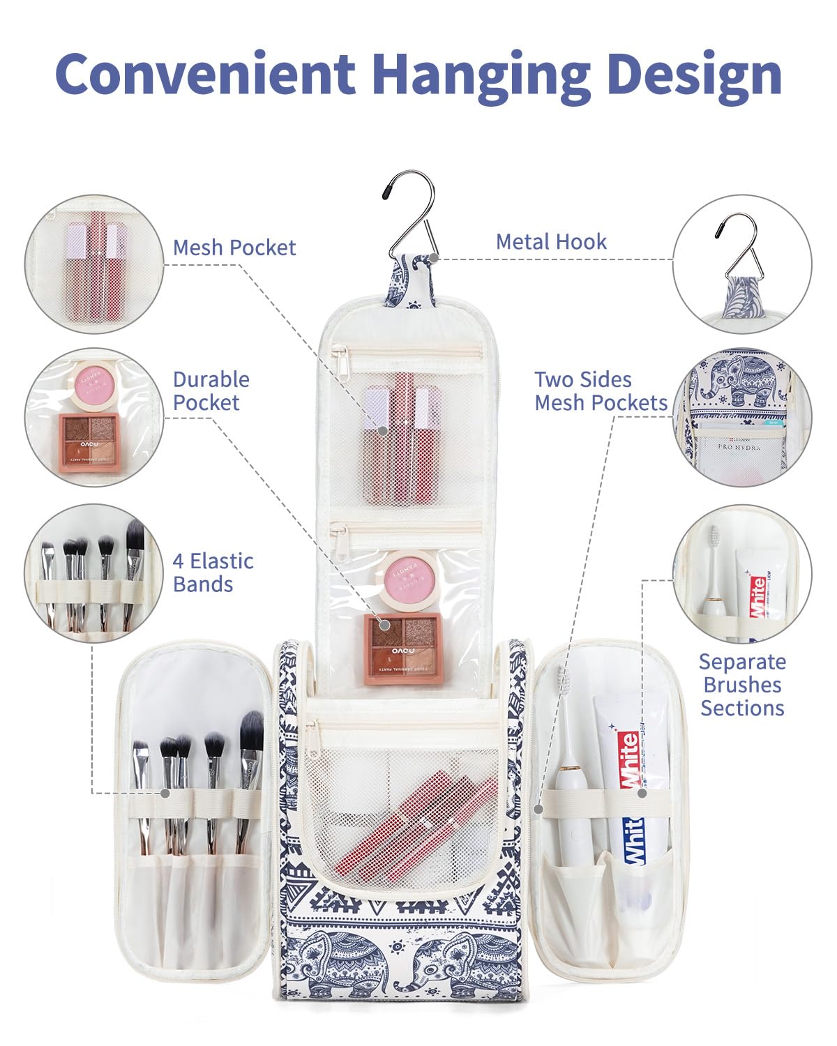 Narwey elephant hanging toiletry bag displaying mesh pockets for organized items