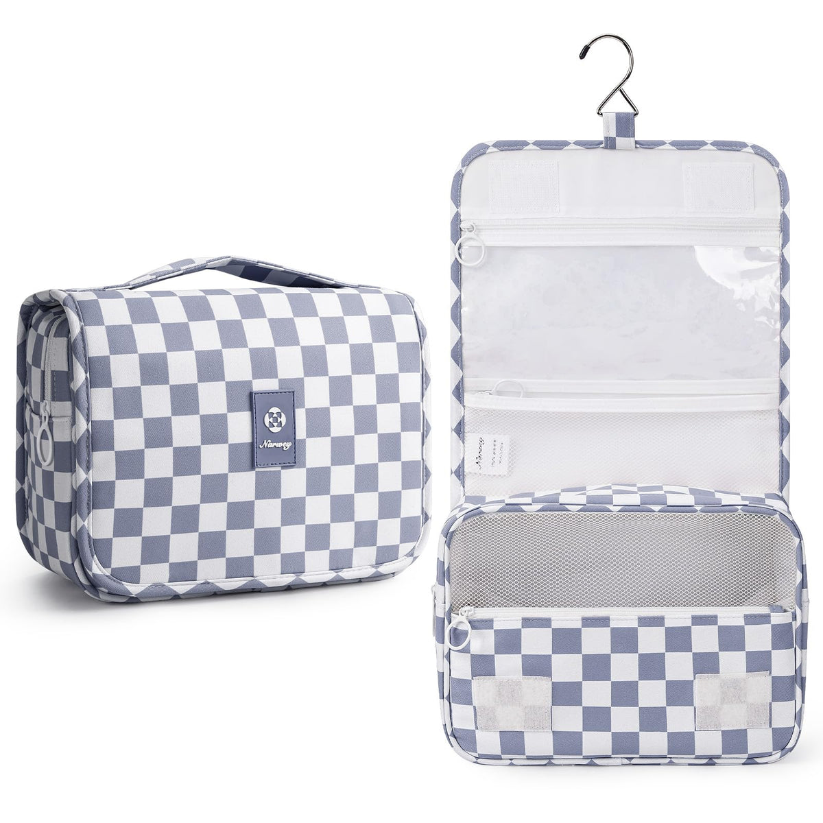 Narwey small hanging toiletry bag in grayish blue checkered pattern for organized packing.